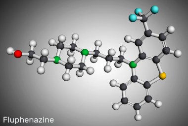 Fluphenazine molekülü. Psikoz tedavisinde kullanılan nöroleptik, antipsikotik bir ilaçtır. Moleküler model. 3 boyutlu görüntüleme. Görüntü