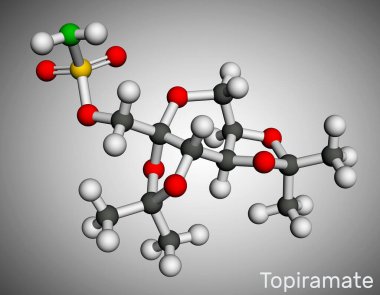Topiramate molekülü. Sülfamat yerine kullanılan monosakkarit, antikonvülsan, epilepsi kontrolünde kullanılan nöbet önleyici ilaç. Moleküler model. 3 boyutlu görüntüleme. Görüntü