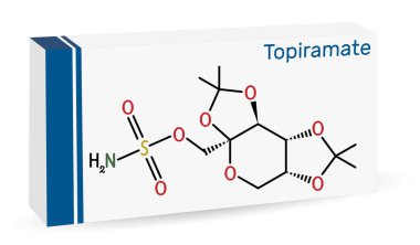 Topiramate molekülü. Sülfamat yerine kullanılan monosakkarit, antikonvülsan, epilepsi kontrolünde kullanılan nöbet önleyici ilaç. İskelet kimyasal formülü. Uyuşturucu için kağıt ambalaj. Vektör illüstrasyonu