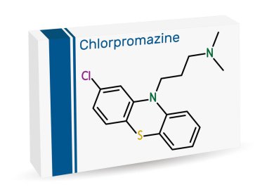 Klorpromazin, CPZ molekülü. Fenotiyazin antipsikotik, mide bulantısı, kusma, anksiyete, şizofreni, bipolar bozukluk tedavisinde kullanılır. İskelet kimyasal formülü. Uyuşturucu için kağıt ambalaj. Vektör 