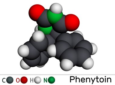 Fenitoin, PHT, difenilhidantoin molekülü. Antikonvülsan, anti-epileptik, anti-nöbet ilacı, hydantoin türevi. Moleküler model. 3 boyutlu görüntüleme. Görüntü