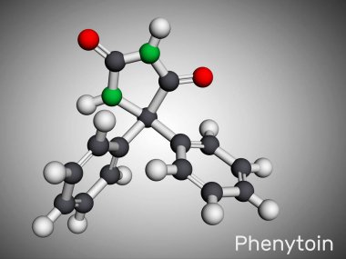 Fenitoin, PHT, difenilhidantoin molekülü. Antikonvülsan, anti-epileptik, anti-nöbet ilacı, hydantoin türevi. Moleküler model. 3 boyutlu görüntüleme. Görüntü