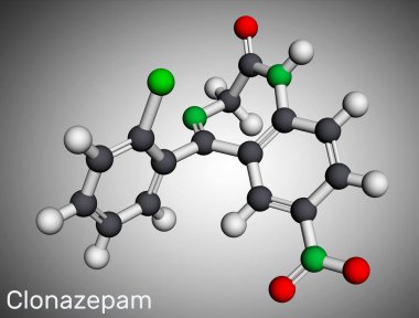 Klonazepam molekülü. Benzodiazepin, antikonvülsan. Panik bozukluklarını, şiddetli anksiyete nöbetlerini tedavi etmek için kullanılır. Moleküler model. 3 boyutlu görüntüleme. Görüntü