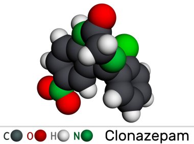 Klonazepam molekülü. Benzodiazepin, antikonvülsan. Panik bozukluklarını, şiddetli anksiyete nöbetlerini tedavi etmek için kullanılır. Moleküler model. 3 boyutlu görüntüleme. Görüntü