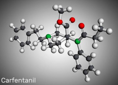 Carfentanil, carfentanil molekülü. En etkili opioidlerden biri olan fentanilin türevi, veteriner tıbbında büyük hayvanları anestezi etmek için kullanılır. Moleküler model. 3 boyutlu görüntüleme. Görüntü