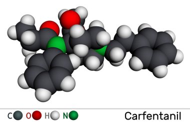 Carfentanil, carfentanil molekülü. En etkili opioidlerden biri olan fentanilin türevi, veteriner tıbbında büyük hayvanları anestezi etmek için kullanılır. Moleküler model. 3 boyutlu görüntüleme. Görüntü