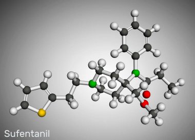 Sufentanil molekülü. Şiddetli, akut ağrı moleküler modelini tedavi etmek için kullanılan anestezi maddesi olan opioid ağrı kesici. 3 boyutlu görüntüleme. Görüntü