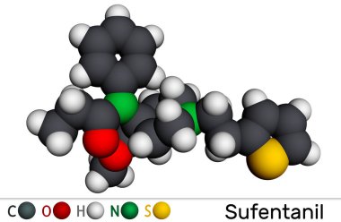 Sufentanil molekülü. Şiddetli, akut ağrı moleküler modelini tedavi etmek için kullanılan anestezi maddesi olan opioid ağrı kesici. 3 boyutlu görüntüleme. Görüntü