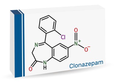 Klonazepam molekülü. Benzodiazepin, antikonvülsan. Panik bozukluklarını, şiddetli anksiyete nöbetlerini tedavi etmek için kullanılır. İskelet kimyasal formülü. Uyuşturucu için kağıt ambalaj. Vektör illüstrasyonu
