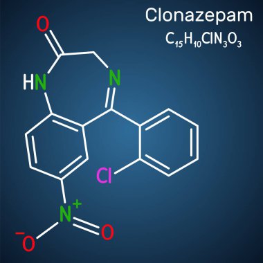 Klonazepam molekülü. Benzodiazepin, antikonvülsan. Panik bozukluklarını, şiddetli anksiyete nöbetlerini tedavi etmek için kullanılır. Koyu mavi arkaplanda yapısal kimyasal formül. Vektör illüstrasyonu