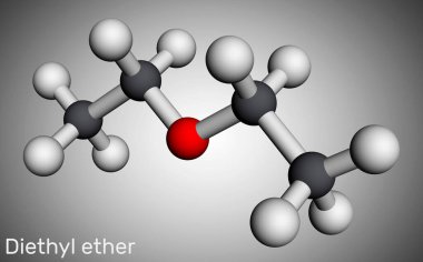 Dietil eter, etil eter molekülü. Oksijen atomunun iki etil gruba bağlı olduğu bir eterdir. Moleküler model. 3 boyutlu görüntüleme. Görüntü