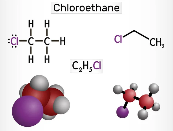 氯乙烷 氯化乙酯 单氯乙烷分子 它是一种局部麻药 化学配方为C2Πcl 结构化学公式和分子模型 矢量说明 — 图库矢量图片