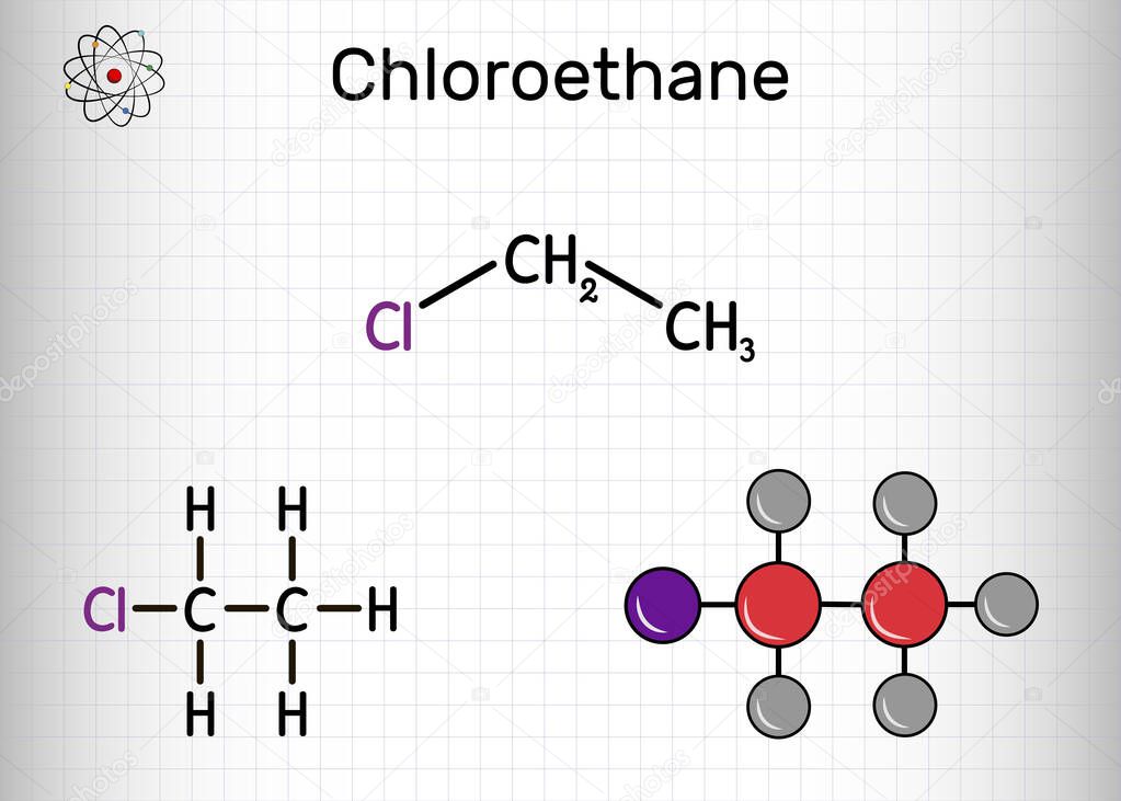 Chloroethane, ethyl chloride, monochloroethane molecule. It is local anesthetic with chemical formula C2H5Cl. Structural chemical formula and molecule model. Sheet of paper in a cage. Vector illustration