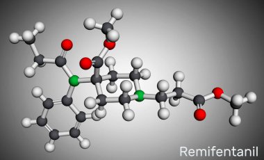Remifentanil molekülü. Anestezi moleküler modelinde kullanılan bir opioid analjezik. 3 boyutlu görüntüleme. Görüntü