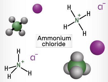 Amonyum klorür, NH4CI molekülü. İnorganik bileşik, gıda takviyesi E510, gübre ve tatlandırıcı olarak kullanılır. Yapısal kimyasal formül ve molekül modeli. Vektör illüstrasyonu