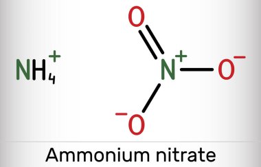 Amonyum nitrat, NH4NO3 molekülü. Nitrik asitin amonyum tuzu. Antibiyotik ve maya üretiminde gübre ve patlayıcı yapımında kullanılır. İskelet kimyasal formülü. Vektör illüstrasyonu