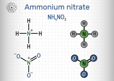 Amonyum nitrat, NH4NO3 molekülü. Nitrik asitin amonyum tuzu. Antibiyotik ve maya üretiminde gübre ve patlayıcı yapımında kullanılır. Kafesteki bir kağıt parçası. Vektör illüstrasyonu