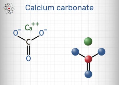 Calcium carbonate molecule. It is ionic compound, carbonic salt of calcium CaCO3, calcium salt, food additive E170. Structural formula, molecule model. Sheet of paper in a cage. Vector illustration