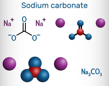 Sodium carbonate, Na2CO3, natrium carbonate, washing soda, soda ash molecule. It is disodium salt of carbonic acid, is organic sodium salt, carbonate salt. Structural formula, molecule model. Vector illustration
