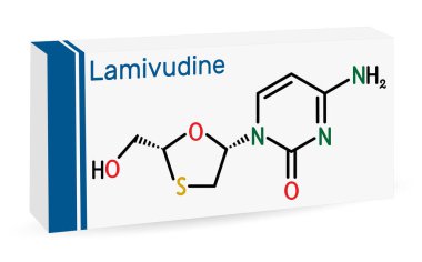 Lamivudine, 3TC ilaç molekülü. İnsan Bağışıklık Yetmezliği Tipi 1 (HIV-1) ve Hepatit B virüsünün (HBV) tedavisinde kullanılır. İskelet kimyasal formülü. Uyuşturucu için kağıt ambalaj. Vektör illüstrasyonu