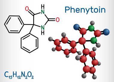 Fenitoin, PHT, difenilhidantoin molekülü. Antikonvülsan, anti-epileptik, anti-nöbet ilacı, hydantoin türevi. Yapısal kimyasal formül, molekül modeli. Vektör illüstrasyonu