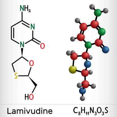 Lamivudine, 3TC ilaç molekülü. İnsan Bağışıklık Yetmezliği Tipi 1 (HIV-1) ve Hepatit B virüsünün (HBV) tedavisinde kullanılır. Yapısal kimyasal formül ve molekül modeli. Vektör illüstrasyonu