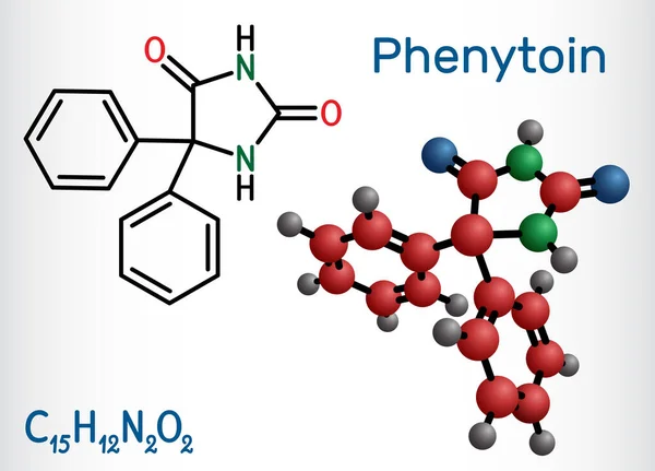 Fenitoína Pht Molécula Difenilhidantoína Anticonvulsivo Antiepiléptico Anticonvulsivo Derivado Hidantoína Fórmula — Vector de stock