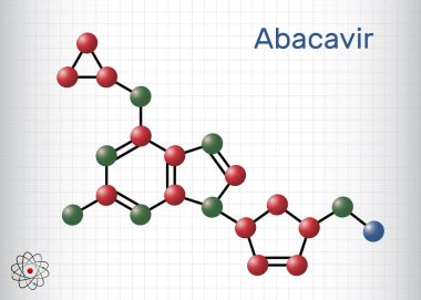 Abacavir, ABC molekülü. HIV ve AIDS tedavisinde kullanılan antiviral nükleosit transkripsiyon inhibitörü NRTI. Molekül modeli. Kafesteki bir kağıt parçası. Vektör illüstrasyonu