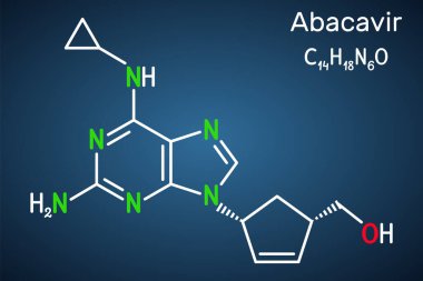 Abacavir, ABC molekülü. HIV ve AIDS tedavisinde kullanılan antiviral nükleosit transkripsiyon inhibitörü NRTI. Koyu mavi arkaplanda yapısal kimyasal formül. Vektör illüstrasyonu