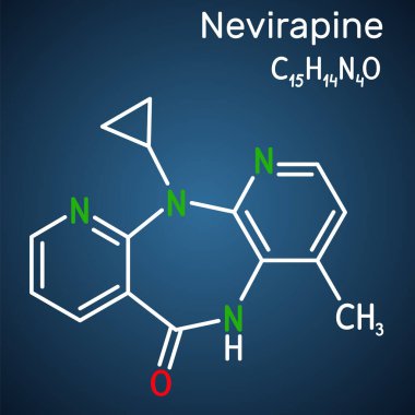 Nevirapin molekülü. İnsan bağışıklık yetmezliği virüsü enfeksiyonunu tedavi etmek ve bağışıklık yetmezliği sendromu AIDS 'i kapmak için kullanılır. Yapısal kimyasal formül, molekül modeli. Vektör illüstrasyonu