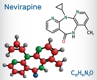 Nevirapin molekülü. İnsan bağışıklık yetmezliği virüsü enfeksiyonunu tedavi etmek ve bağışıklık yetmezliği sendromu AIDS 'i kapmak için kullanılır. Yapısal kimyasal formül, molekül modeli. Vektör illüstrasyonu