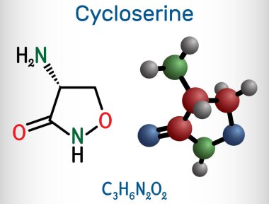 Sikloserin molekülü. Tüberküloz ve bazı idrar yolu enfeksiyonlarında (UTI) kullanılan geniş spektrumlu bir antibiyotiktir. Yapısal kimyasal formül, molekül modeli. Vektör illüstrasyonu