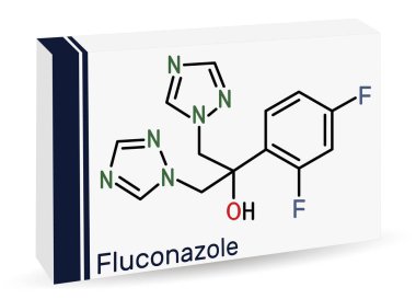 Flukonazol, molekül. Mantar enfeksiyonlarını ve kandiyasyonu tedavi etmek için kullanılan triazol anti-mantar ilacı. İskelet kimyasal formülü. Uyuşturucu için kağıt ambalaj. Vektör illüstrasyonu