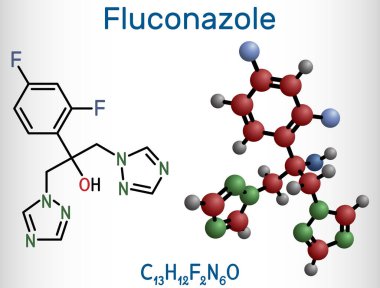 Flukonazol, molekül. Mantar enfeksiyonlarını ve kandiyasyonu tedavi etmek için kullanılan triazol anti-mantar ilacı. Yapısal kimyasal formül ve molekül modeli. Vektör illüstrasyonu