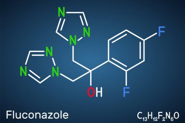 Flukonazol, molekül. Mantar enfeksiyonlarını ve kandiyasyonu tedavi etmek için kullanılan triazol anti-mantar ilacı. Koyu mavi arkaplanda yapısal kimyasal formül. Vektör illüstrasyonu