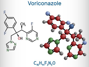 Voriconazole, molekül. Mantar enfeksiyonunu tedavi etmek için kullanılan triazol anti-mantar ilacı. Yapısal kimyasal formül ve molekül modeli. Vektör illüstrasyonu