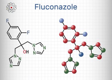 Flukonazol, molekül. Mantar enfeksiyonlarını ve kandiyasyonu tedavi etmek için kullanılan triazol anti-mantar ilacı. Yapısal kimyasal formül, molekül modeli. Kafesteki bir kağıt parçası. Vektör illüstrasyonu
