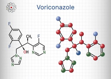 Voriconazole, molekül. Mantar enfeksiyonunu tedavi etmek için kullanılan triazol anti-mantar ilacı. Yapısal kimyasal formül ve molekül modeli. Kafesteki bir kağıt parçası. Vektör illüstrasyonu