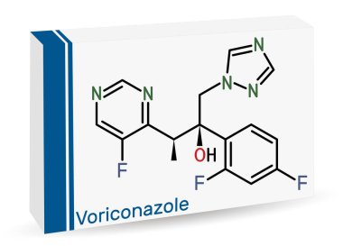 Voriconazole, molekül. Mantar enfeksiyonunu tedavi etmek için kullanılan triazol anti-mantar ilacı. İskelet kimyasal formülü. Uyuşturucu için kağıt ambalaj. Vektör illüstrasyonu 