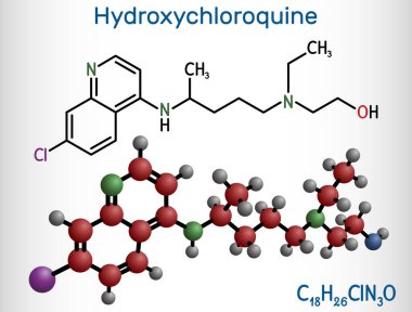 Hidrokloroksin molekülü. Sıtma, COVID-19, romatoid artrit, lupus eritematoz tedavisinde kullanılan sıtma ilacı. Yapısal kimyasal formül, molekül modeli. Vektör illüstrasyonu