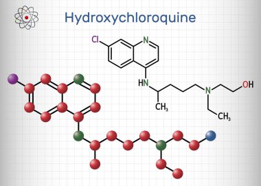 Hidrokloroksin molekülü. Sıtma, COVID-19, romatoid artrit, lupus eritematoz tedavisinde kullanılan sıtma ilacı. Yapısal kimyasal formül, molekül modeli. Kafesteki bir kağıt parçası. Vektör illüstrasyonu