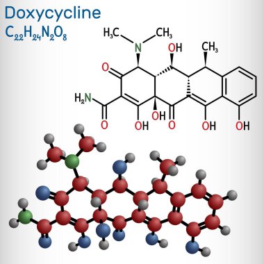 Doxycycline molekülü. Geniş spektrumlu tetrasiklin antibiyotiği. Çok çeşitli bakteriyel enfeksiyonların tedavisinde kullanılır. Yapısal kimyasal formül ve molekül modeli. Vektör illüstrasyonu