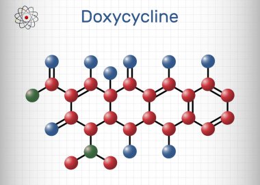 Doxycycline molekülü. Geniş spektrumlu tetrasiklin antibiyotiği. Çok çeşitli bakteriyel enfeksiyonların tedavisinde kullanılır. Molekül modeli. Kafesteki bir kağıt parçası. Vektör illüstrasyonu