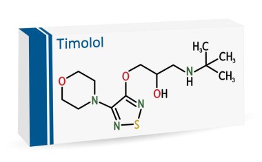 Timolol, molekül. Göz içi yüksek tansiyon ve glokom tedavisinde kullanılan seçici olmayan bir beta bloker ilacıdır. İskelet kimyasal formülü. Uyuşturucu için kağıt ambalaj. Vektör illüstrasyonu