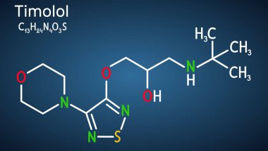 Timolol, molekül. Göz içi yüksek tansiyon ve glokom tedavisinde kullanılan seçici olmayan bir beta bloker ilacıdır. Koyu mavi arkaplanda yapısal kimyasal formül. Vektör illüstrasyonu 