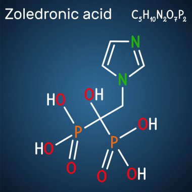 Zoledronik asit, zoledronat molekülü. Birkaç kemik hastalığını tedavi etmek için kullanılan bifosfonat. Koyu mavi arkaplanda yapısal kimyasal formül. Vektör illüstrasyonu