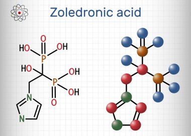 Zoledronik asit, zoledronat molekülü. Birkaç kemik hastalığını tedavi etmek için kullanılan bifosfonat. Yapısal kimyasal formül ve molekül modeli. Kafesteki bir kağıt parçası. Vektör illüstrasyonu