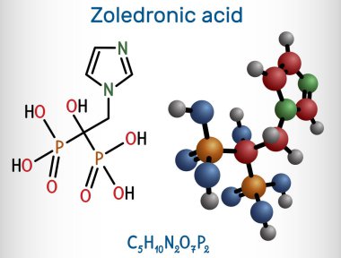 Zoledronik asit, zoledronat molekülü. Birkaç kemik hastalığını tedavi etmek için kullanılan bifosfonat. Yapısal kimyasal formül ve molekül modeli. Vektör illüstrasyonu