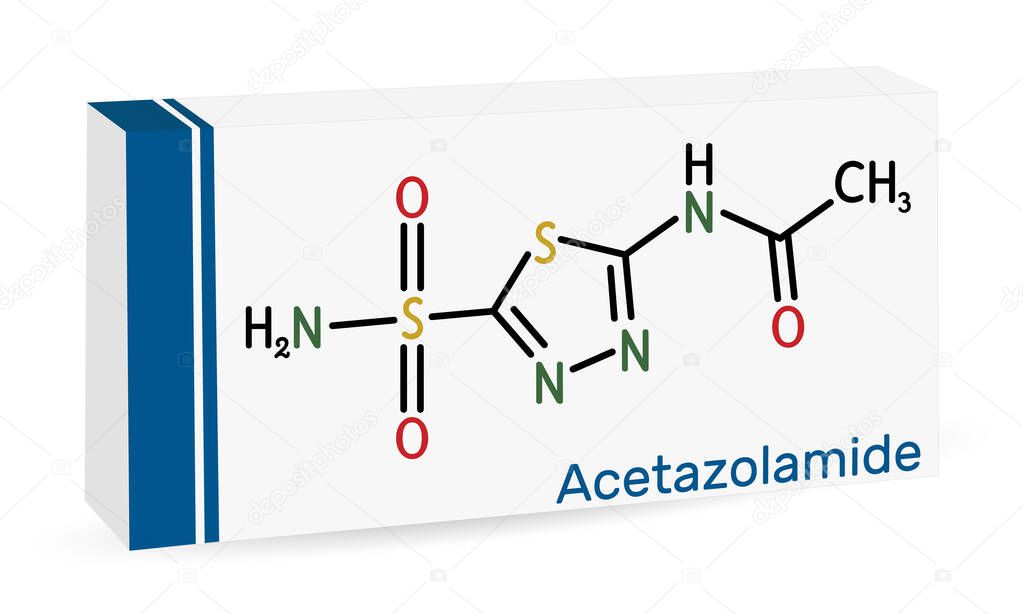 Acetazolamide molecule. It is carbonic anhydrase inhibitor used to treat edema from heart failure, certain types of epilepsy, glaucoma. Skeletal chemical formula. Paper packaging for drugs. Vector illustration