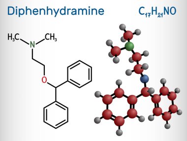 Diphenhydramine, molekül. Mevsimsel alerji tedavisinde kullanılan H1 reseptör antihistaminidir. Yapısal kimyasal formül ve molekül modeli. Vektör illüstrasyonu